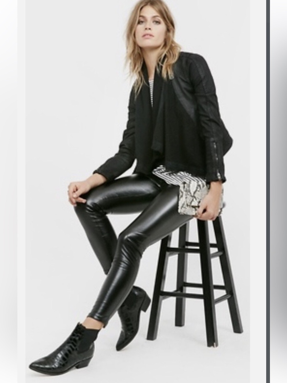 Free People Black Moto Jacket Women’s 4 Draped Knit Collar Faux Leather Biker I - Picture 7 of 17